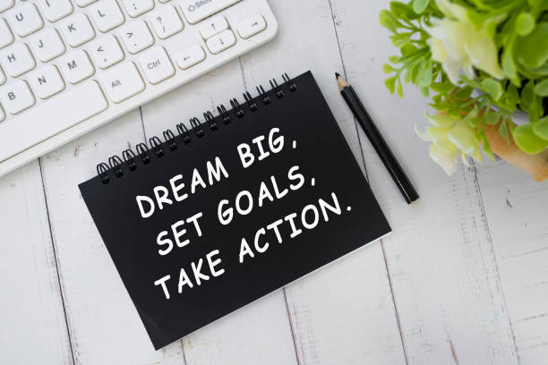 istock Motivational quote on black notepad - Dream big, Set goals, Take action. 1418818135