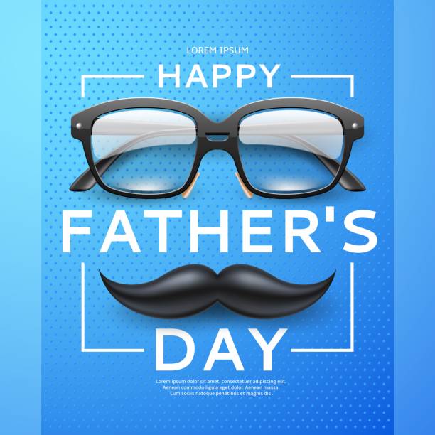 realistisches brillenposter. happy father day card, klassisch geformte brille, schwarzer kunststoffrahmen, klare linsen, schnurrbärte und glückwunschtext, verkaufsbannervorlage, völliges vektorkonzept - bart stock-grafiken, -clipart, -cartoons und -symbole