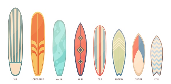Color surfboards set. Patterned different boards for cutting through waves, summer beach activities items, sea sport front view equipment with text. Longboard and hybrid nowaday vector isolated set