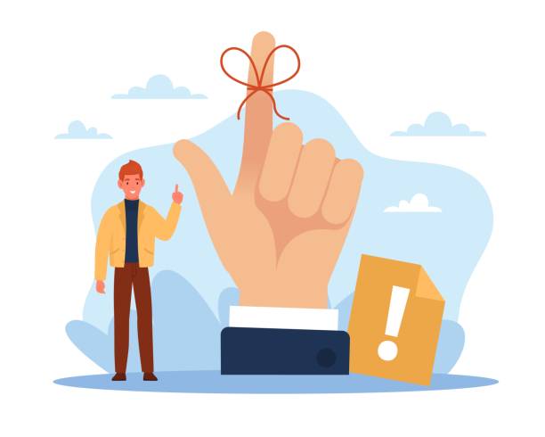 ilustrações de stock, clip art, desenhos animados e ícones de reminder, symbolic memory, sclerosis man, forgetfulness. huge hand with red knotted string on finger. memorization method. dont forget important task. vector cartoon flat concept - reminder memories human finger string