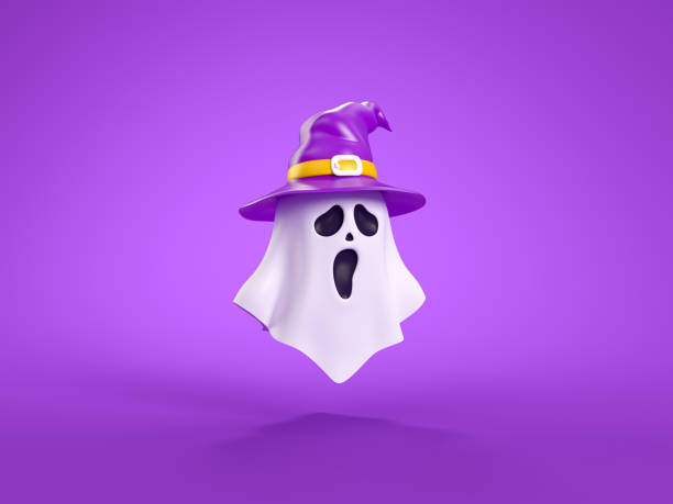 istock Happy Halloween, ghost with witch hat on purple background, traditional october holiday, 3d rendering. 1418819652