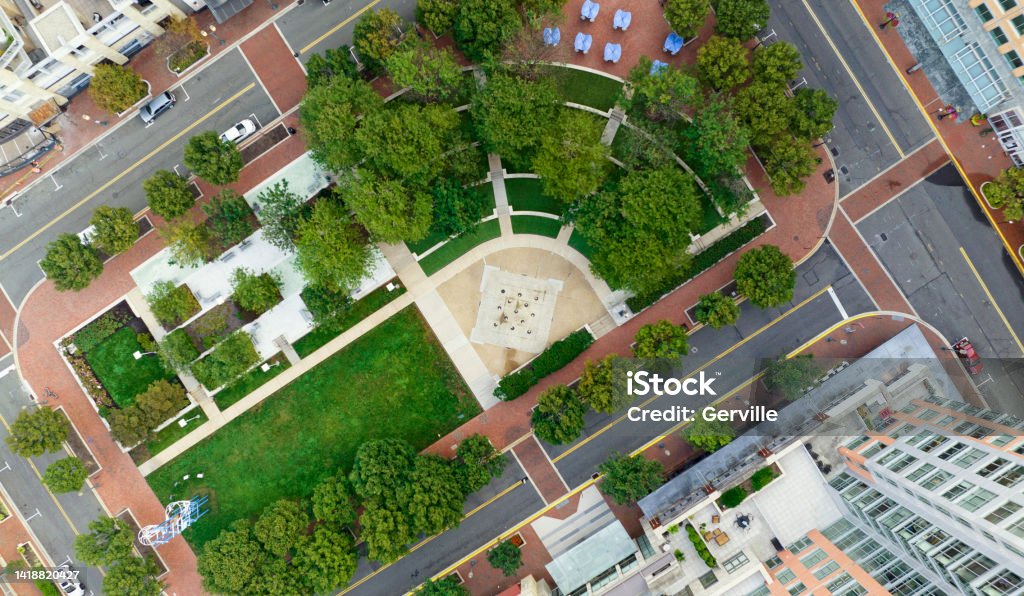 Directly Above the Reston Town Center A view from directly above the Reston Town Center in Reston, Virginia. Virginia - US State Stock Photo