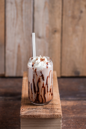 Ice coffee Chocolate Milkshake Frappe Mocha Frappuchino with Chocolate Sauce and whipped cream