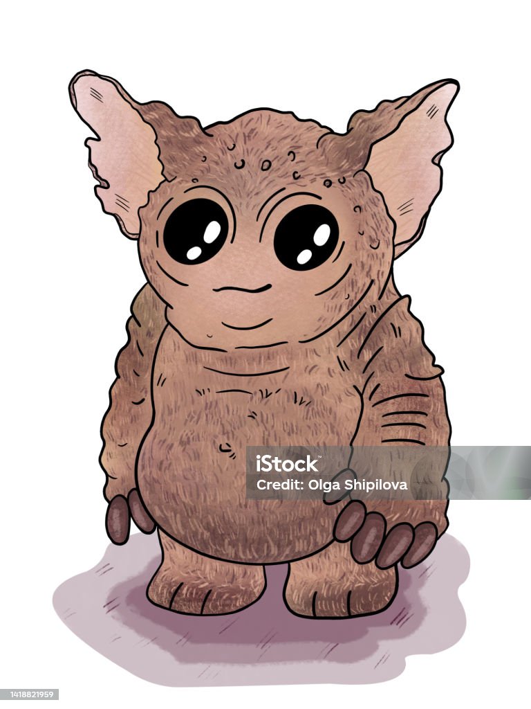 Digital Drawing Of A Cartoon Character Cute Fluffy Alien With Big Eyes And  Ears Stock Illustration - Download Image Now - iStock