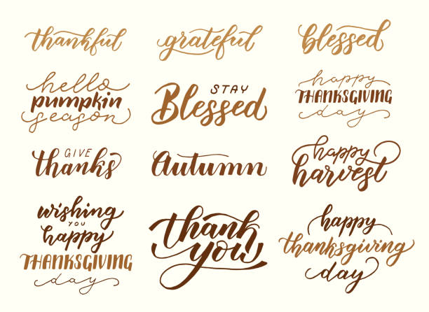 illustrations, cliparts, dessins animés et icônes de ensemble de phrases du jour de thanksgiving. citations manuscrites d’automne inspirantes, lettrage, calligraphie au pinceau moderne. - holiday happiness calligraphy greeting card