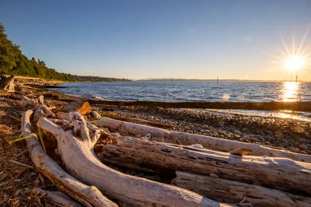 Starbust Sun at Sunset from the shore of Pigeon Creek in Everett WA