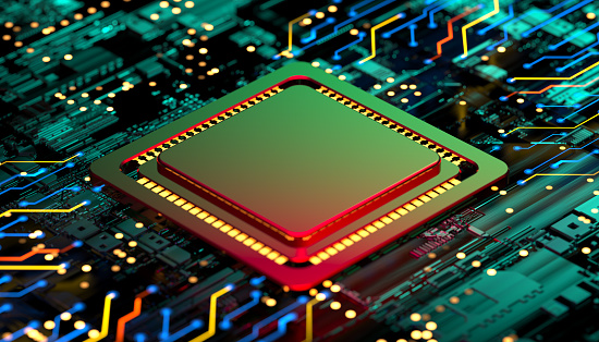 Chipset on circuit board for semiconductor investment, 3d rendering