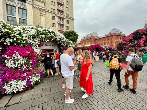 Moscow, Russia - August 21, 2022: People exploring traditional fair in Moscow city center