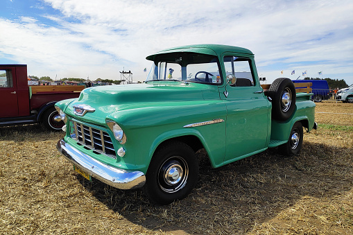 Pleyber-Christ, France - August, 28 2022: Green 1955 Chevrolet 3100 pick-up truck known as Task Force.