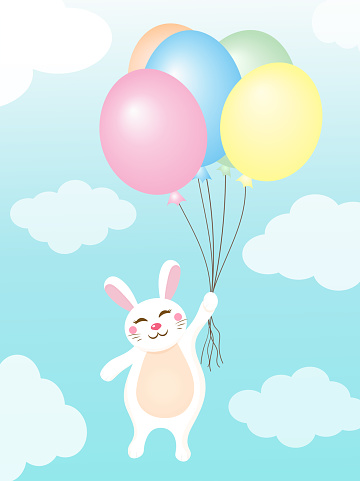 A cute little bunny with a bunch of colorful balloons flying up to the sky, a sweet Easter greeting card