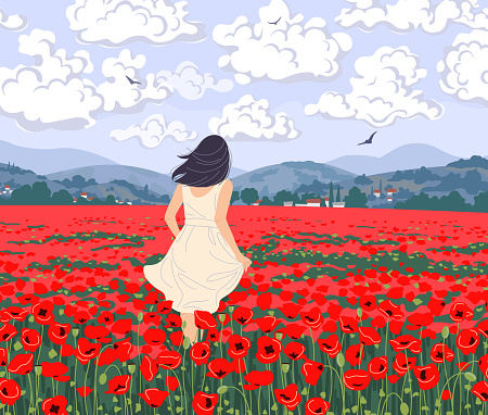 Young woman enjoys the scenery of poppies field. Dreamy girl in light dress walking among red poppy flowers. Calm landscape with mountains, floating clouds and flying birds in sky. Vector minimalistic illustration.