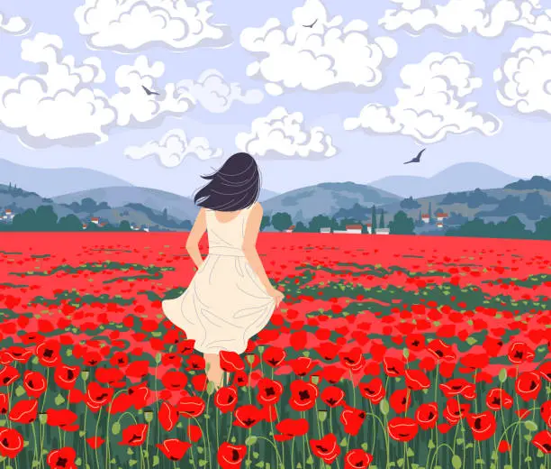 Vector illustration of Young Woman Enjoys the Poppies Field