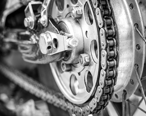 Gearbox cross-section, engine industry, sprockets, cogwheels and bearings of automotive transmission for oversize trucks, SUV, cargo, commercial and construction vehicles, selective focus 