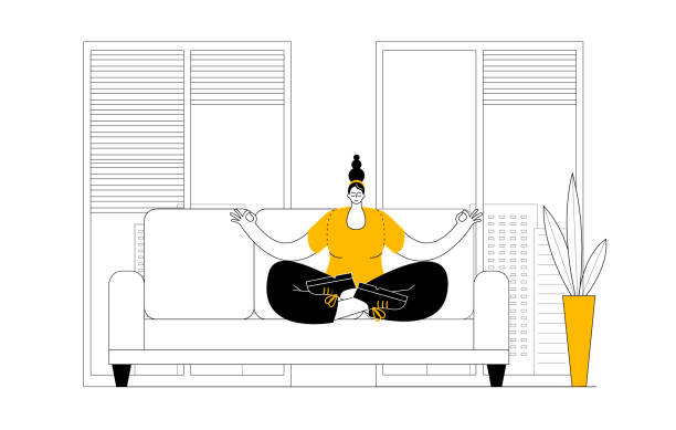 A woman in casual clothes meditates on a sofa in an office space. A woman in casual clothes meditates on a sofa in an office space. Vector two-color illustration on the theme of relaxation and balance at work. meditation room office stock illustrations
