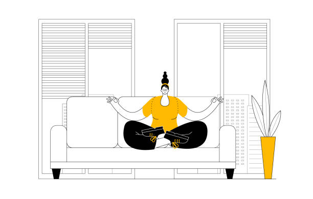 A woman in casual clothes meditates on a sofa in an office space. A woman in casual clothes meditates on a sofa in an office space. Vector two-color illustration on the theme of relaxation and balance at work. meditation room stock illustrations