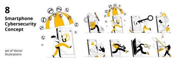 A set of vector illustrations on the topic of protecting smartphone from cyber attacks, hacking and spam calls. A man with a shield and a sword protects his mobile phone. A set of vector illustrations on the topic of protecting smartphone from cyber attacks, hacking and spam calls. phone spam stock illustrations