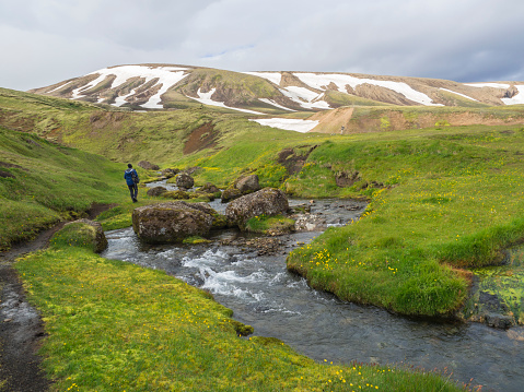 lonely man hiker walking in landscape with wild creek stream, green grass moss meadow and snow covered rhyolit mountains in geothermal area Strutslaug near road f210 in Iceland nature reserve Fjallabaki