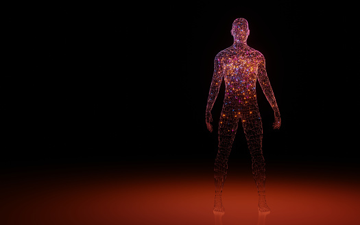 Wireframe male human body with particles inside with copy space. 3d rendering of sci fi technological cyborg and drug expansion inside the body of a man.