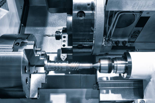 manufacturing cnc professional lathe machine. industrial concept. - mandril imagens e fotografias de stock