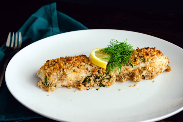 Walnut-Crusted Halibut in Lemon Wine Sauce Viewed from the Side