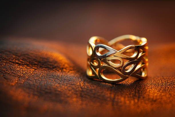 Luxury Yellow Gold Ring on Leather Background
