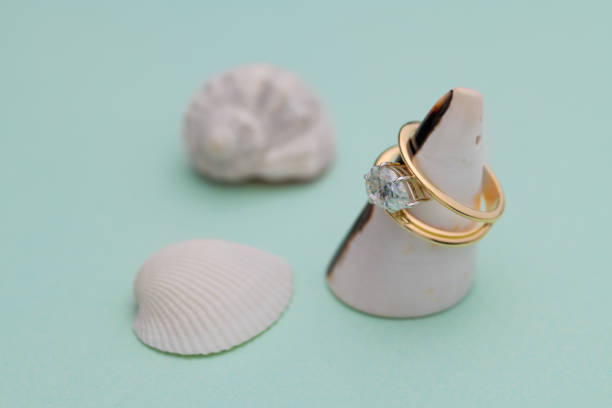 istock Gold Engagement Diamond Ring on Turquoise Background 1418846749