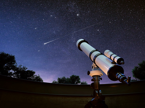 Telescopio observando el cielo y la estrella fugaz.3d renderizado photo