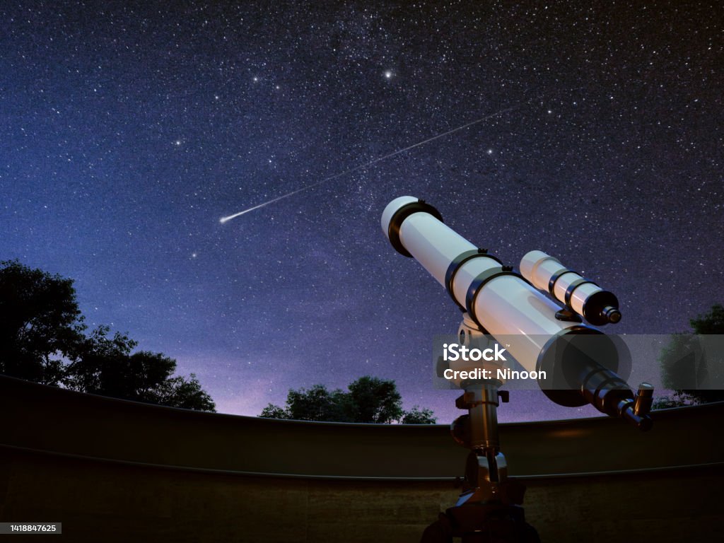 Telescope watching the sky and falling star.3d rendering Telescope Stock Photo