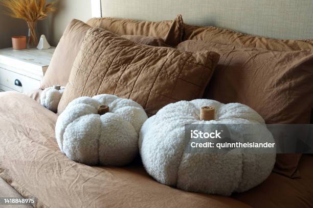 Warm Brown Halloween Bedroom Decor Stock Photo - Download Image Now - Decoration, Halloween, Autumn