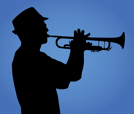 Vector illustration of a young man playing a trumpet on a blue gradient     background.