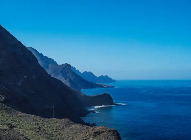 Photo of seascape view of cliffs and rocky atlantic coast in the north west of Gran Canaria. Road from Puerto de Las Nieves to Aldea de San Nicolas