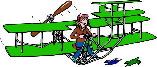 vintage propeller biplane piloted by a female This clip art features a vintage biplane with a female a pilot wearing a leather jacket. wright brothers stock illustrations