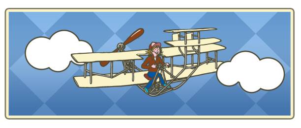 vintage propeller biplane piloted by a female This clip art features a vintage biplane with a female a pilot wearing a leather jacket with a blue background and clouds wright brothers stock illustrations