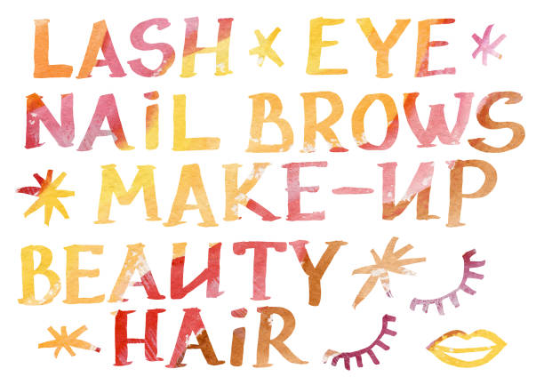 istock Watercolor Set of Makeup elements on a white background. Watercolour orange, yellow, brown, violet and red gradient word. Lash, eye, nail, brows, Make-up, beauty, hair, lips, eyelash and snowflake 1418868814
