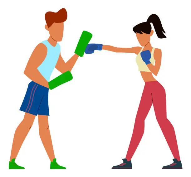 Vector illustration of Woman boxing in gloves with combat instructor. Fight training