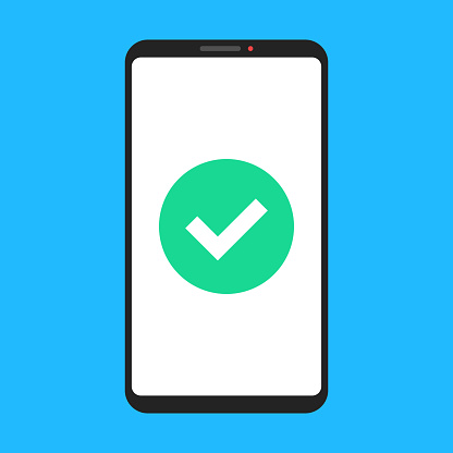 Smartphone and check mark. Approve button on mobile phone screen. Checkmark, tick. Vector illustration