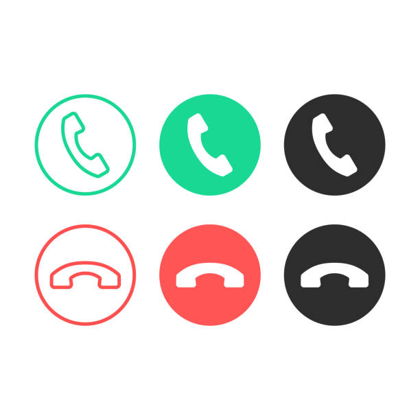 Phone call icons. Black, red and green accept phone call and decline buttons. Flat and line design. Answering concept. Mobile phone interface vector icons set Phone call icons. Black, red and green accept phone call and decline buttons. Flat and line design. Answering concept. Mobile phone interface vector icons set call button stock illustrations