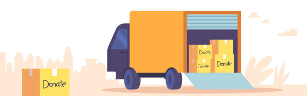 Van with Donation Boxes and Humanitarian Aid Packages to Poor People and Refugees in Need. Charity, Social Help Van with Donation Boxes and Humanitarian Aid Packages to Poor People and Refugees in Need. Charity, Social Help, Carton Packs with Clothes, Food, Stationery, School Stuff. Cartoon Vector Illustration stacking food containers stock illustrations
