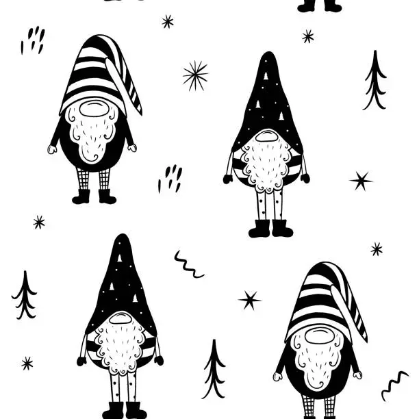 Vector illustration of Cute black and white Christmas gnome