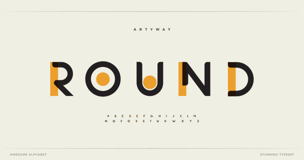 stockillustraties, clipart, cartoons en iconen met round modern alphabet. dropped stunning font, type for futuristic logo, headline, creative lettering and maxi typography. minimal style letters with yellow spot. vector typographic design - tekst