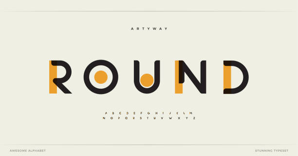 round modern alphabet. dropped stunning font, type for futuristic logo, headline, creative lettering and maxi typography. minimal style letters with yellow spot. vector typographic design - daktilo yazısı stock illustrations