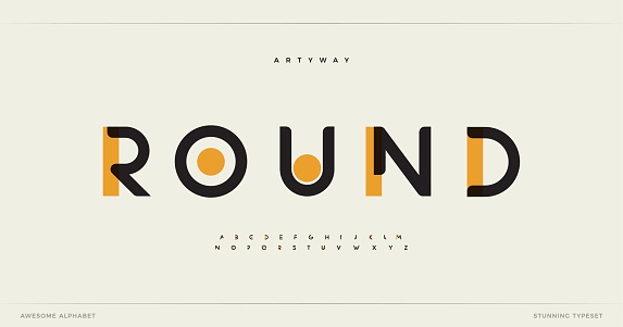 Round modern alphabet. Dropped stunning font, type for futuristic logo, headline, creative lettering and maxi typography. Minimal style letters with yellow spot. Vector typographic design.