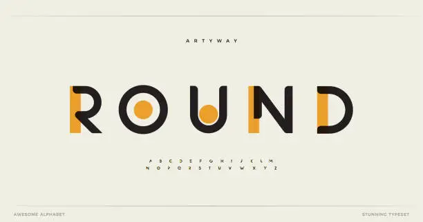 Vector illustration of Round modern alphabet. Dropped stunning font, type for futuristic logo, headline, creative lettering and maxi typography. Minimal style letters with yellow spot. Vector typographic design