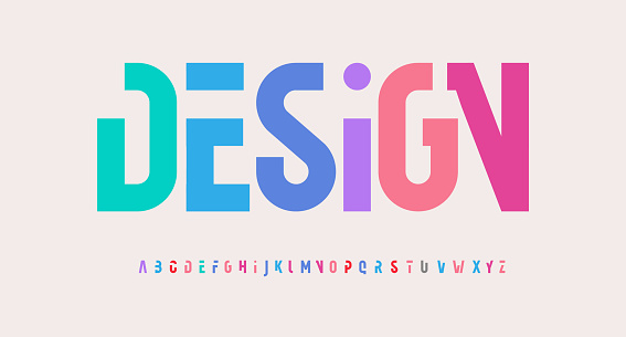 Creative alphabet, rainbow colors, modern geometric font. Bright colorful type for futuristic or kid logo, headline, lettering and typography. Trendy style letters, vector typographic design.