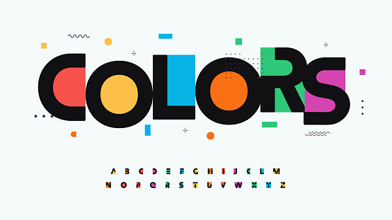Colors font alphabet letters. Modern logo typography. Color creative art typographic design. Festive letter set for rainbow logo, headline, color cover title, joy monogram. Isolated vector typeset.