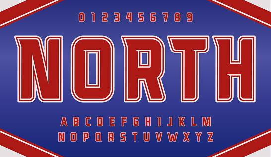 American football typeset, red hight sport font, sportsman uniforom letters, vector typography.