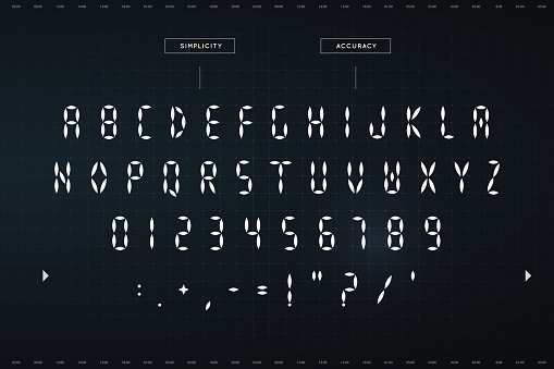 Digital awesome symbols set. Futuristic style alphabet. Font for HUD or digital display. Vector typography design.