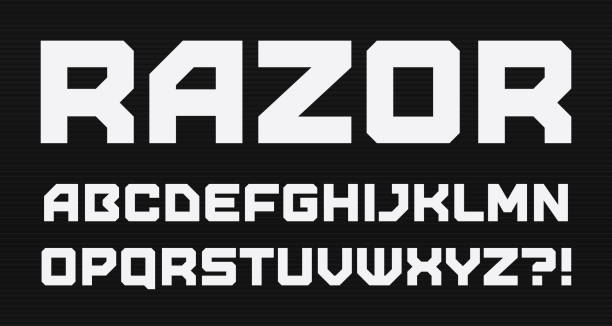 Modern geometric style alphabet. Bold square font, minimalist type for modern futuristic games and cyber security logo, digital device and hud graphic. Minimal style letters, vector typography design Modern geometric style alphabet. Bold square font, minimalist type for modern futuristic games and cyber security logo, digital device and hud graphic. Minimal style letters, vector typography design. safety razor stock illustrations