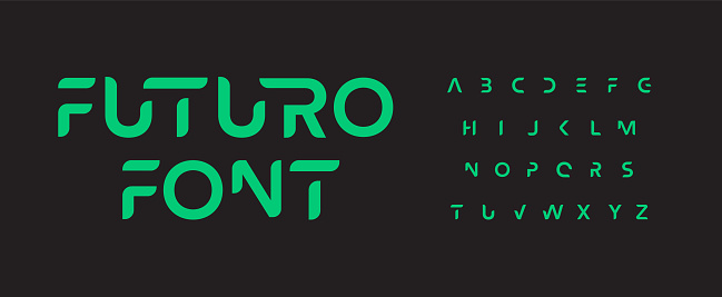Future font alphabet. Minimal science fiction and futuristic letters. Smart space typographic design for technology IT conpany logo, digital display graphic, innovation science text. Vector typeset.