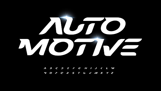 Automotive alphabet letter font. Modern logo typography. Speed race and active sport vector typographic design. Bold italic type for fast logo, headline, dynamic title, fit monogram, active lettering.